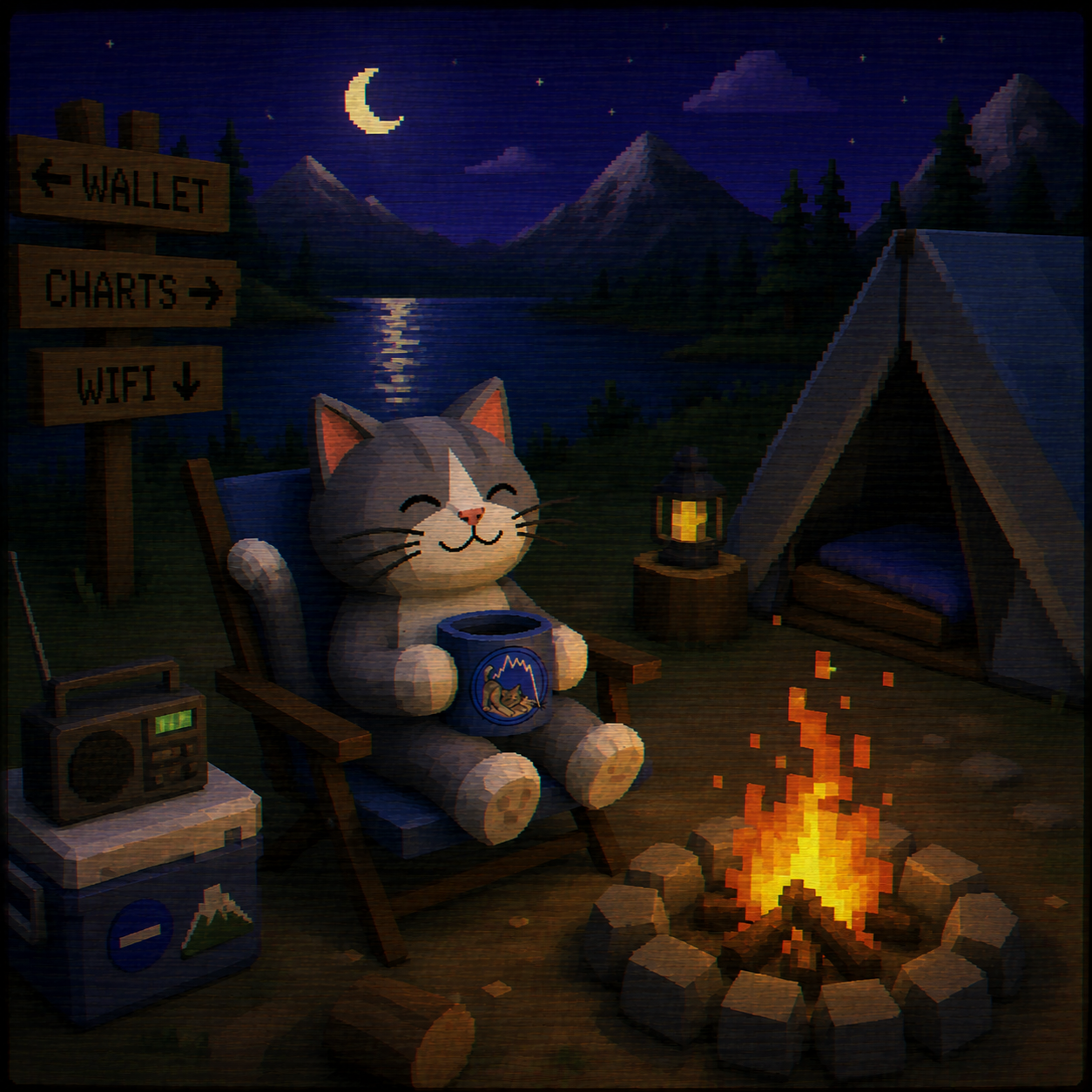 Stable Cat camping by a lake